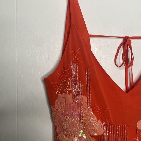 Asos Design Women's Orange Floral Beaded Sequined Mini Dress Layered size 14 - Picture 3 of 10
